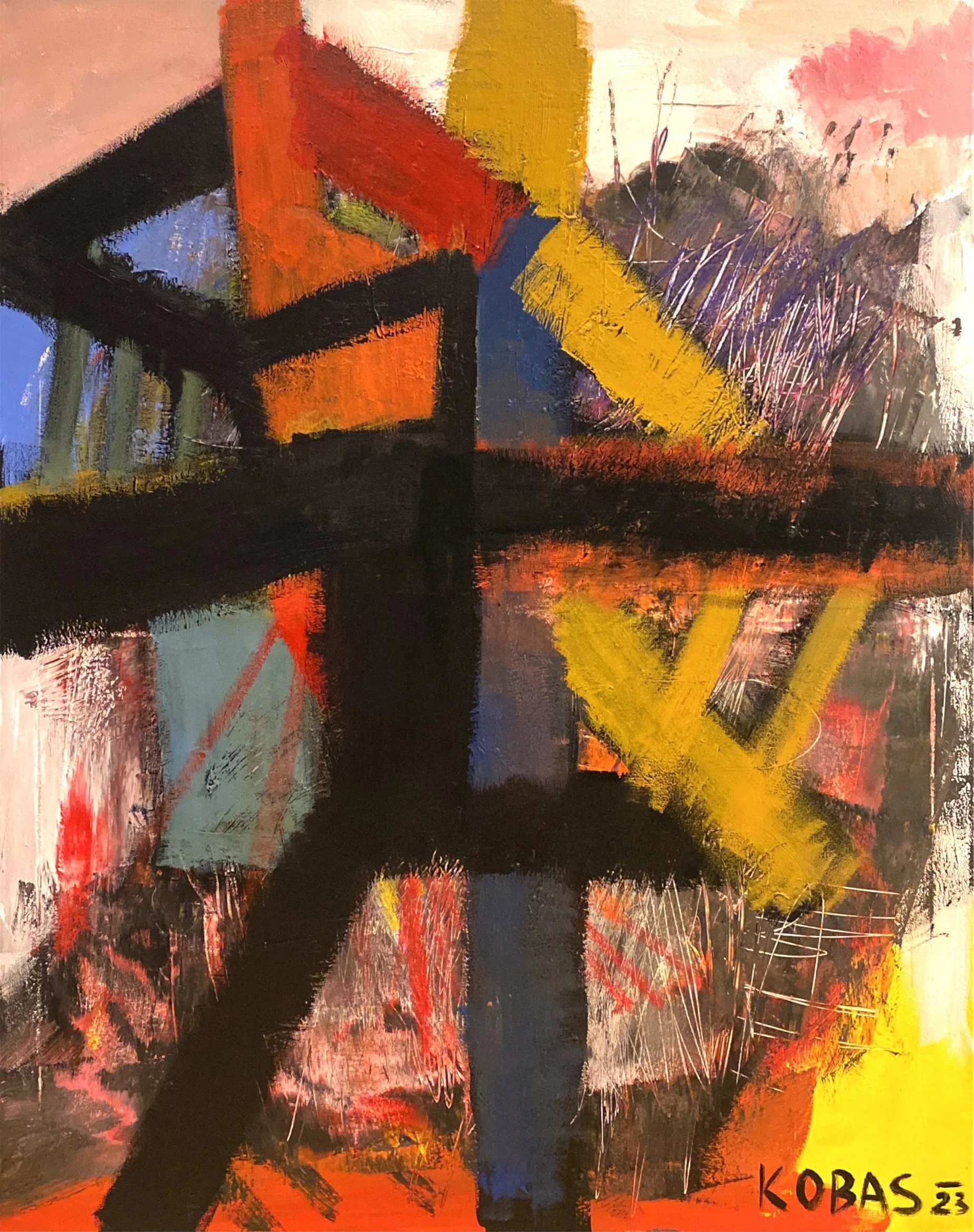 Abstract painting with black, orange and yellow forms by Mihael Kobas