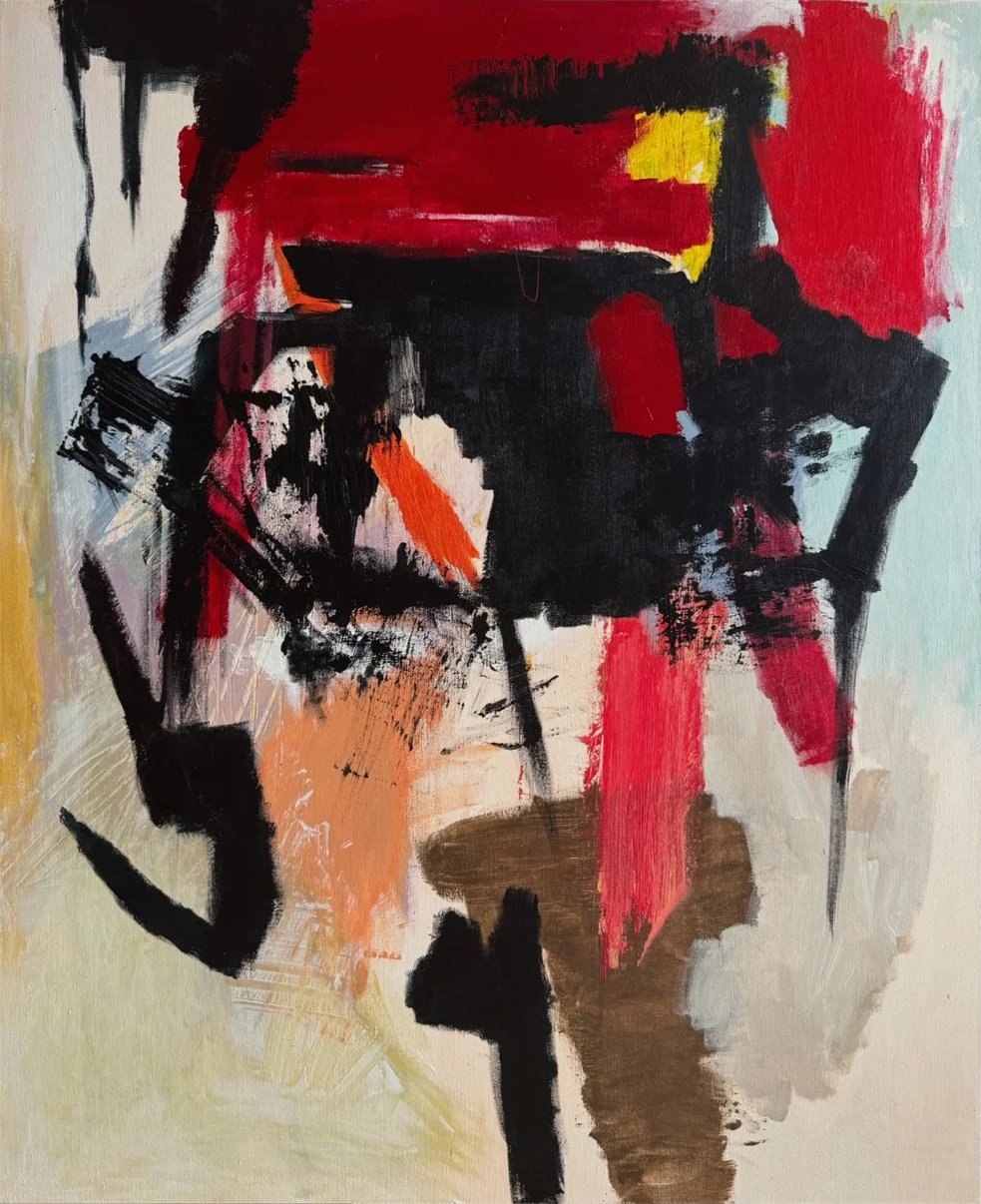 Red, black and cream abstract painting by Mihael Kobas