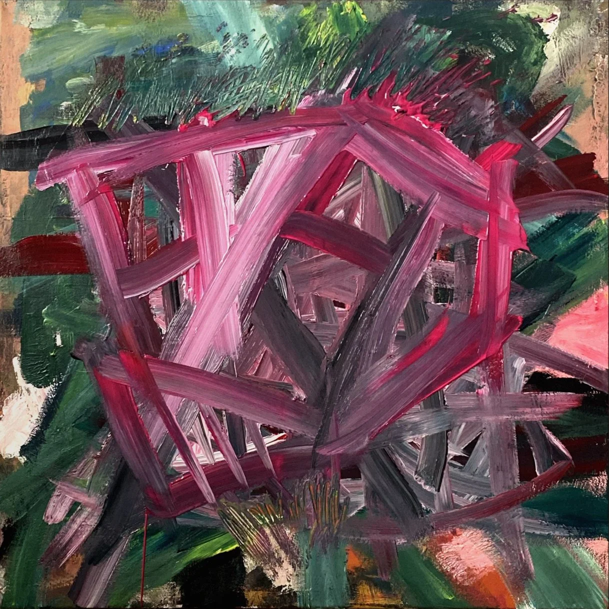 Abstract painting with pink strokes and deep green ground by Mihael Kobas